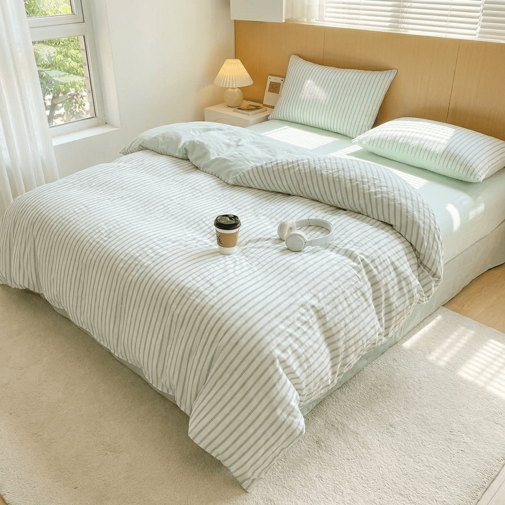 Noir Stripe Set | Washed Cotton Duvet Cover Set, Breathable 4-Piece Soft Stripe Bedding - Mint Green