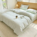 Noir Stripe Set | Washed Cotton Duvet Cover Set, Breathable 4-Piece Soft Stripe Bedding - Mint Green