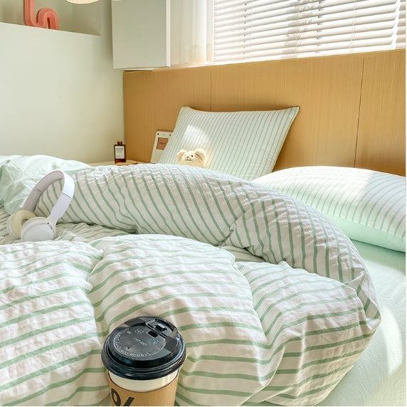Noir Stripe Set | Washed Cotton Duvet Cover Set - Breathable 4-Piece Soft Stripe Bedding - Mint Green Color