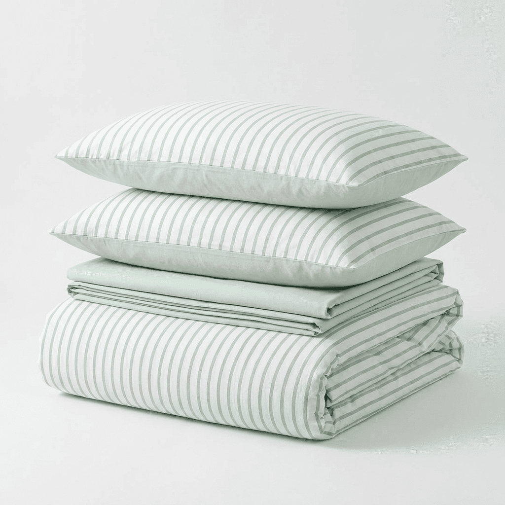 Noir Stripe Set | Washed Cotton Duvet Cover Set, Breathable 4-Piece Soft Stripe Bedding - Mint Green