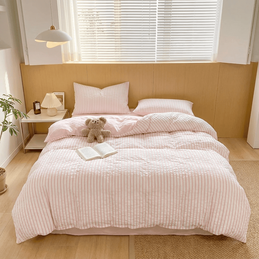 Noir Stripe Set | Washed Cotton Duvet Cover Set, Breathable 4-Piece Soft Stripe Bedding - Pink