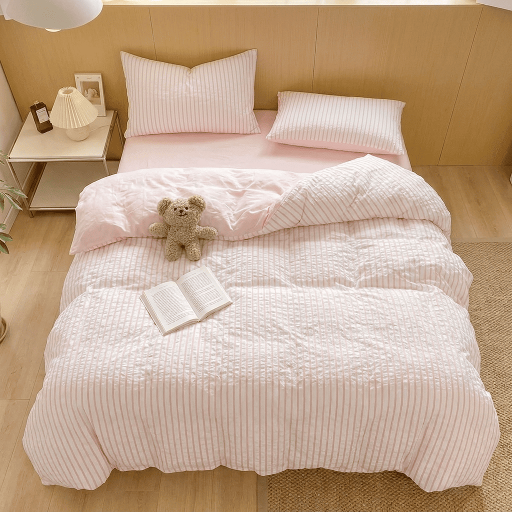 Noir Stripe Set | Washed Cotton Duvet Cover Set, Breathable 4-Piece Soft Stripe Bedding - Pink