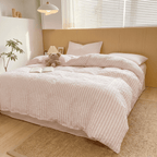 Noir Stripe Set | Washed Cotton Duvet Cover Set, Breathable 4-Piece Soft Stripe Bedding - Pink