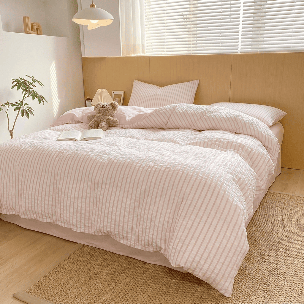 Noir Stripe Set | Washed Cotton Duvet Cover Set, Breathable 4-Piece Soft Stripe Bedding - Pink