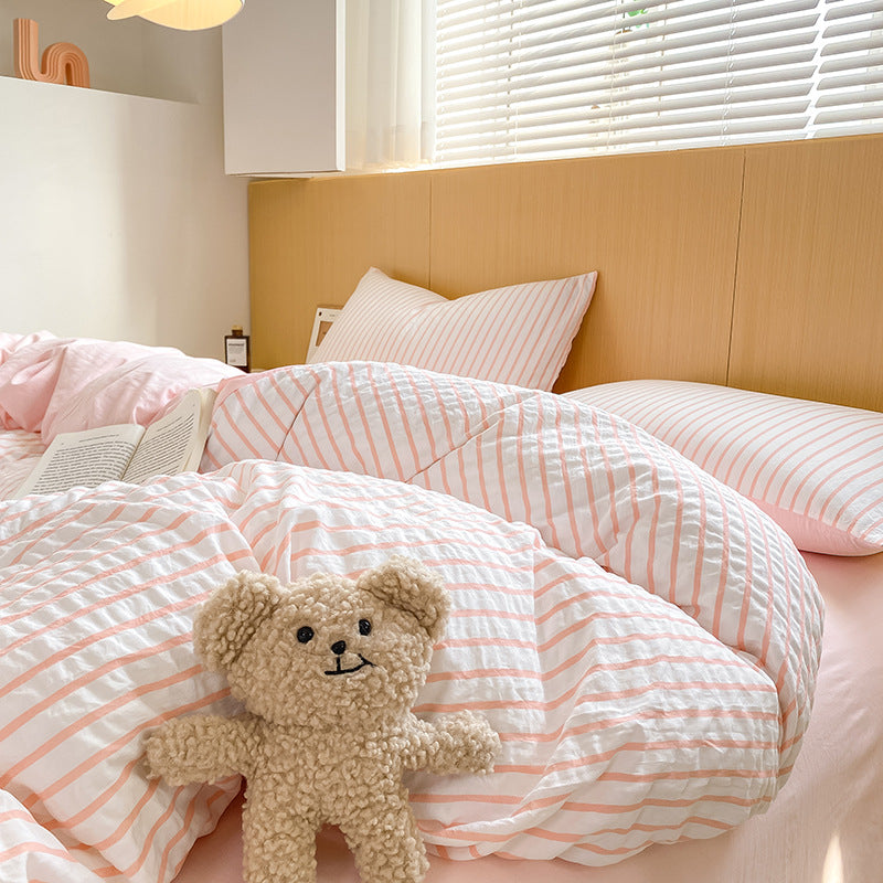 Noir Stripe Set | Washed Cotton Duvet Cover Set - Breathable 4-Piece Soft Stripe Bedding - Pink Color