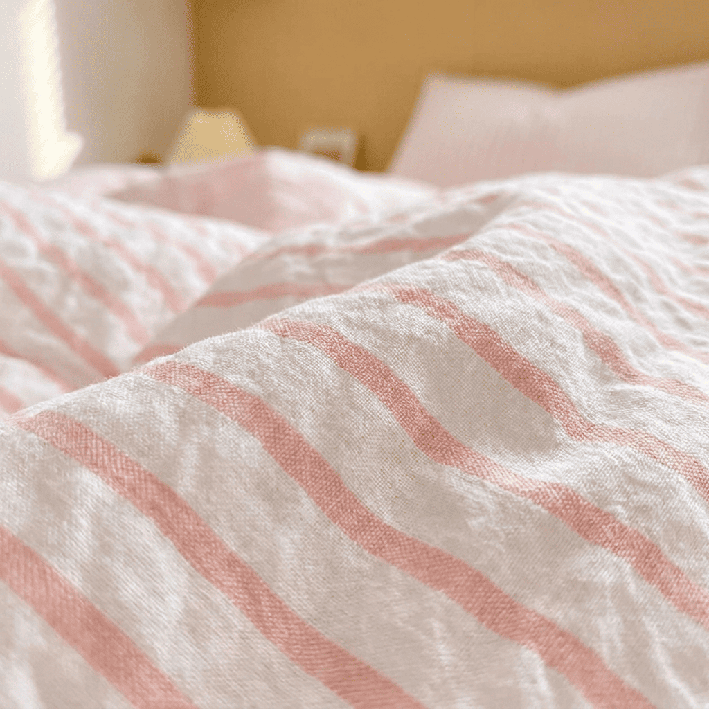 Noir Stripe Set | Washed Cotton Duvet Cover Set, Breathable 4-Piece Soft Stripe Bedding - Pink