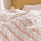 Noir Stripe Set | Washed Cotton Duvet Cover Set, Breathable 4-Piece Soft Stripe Bedding - Pink
