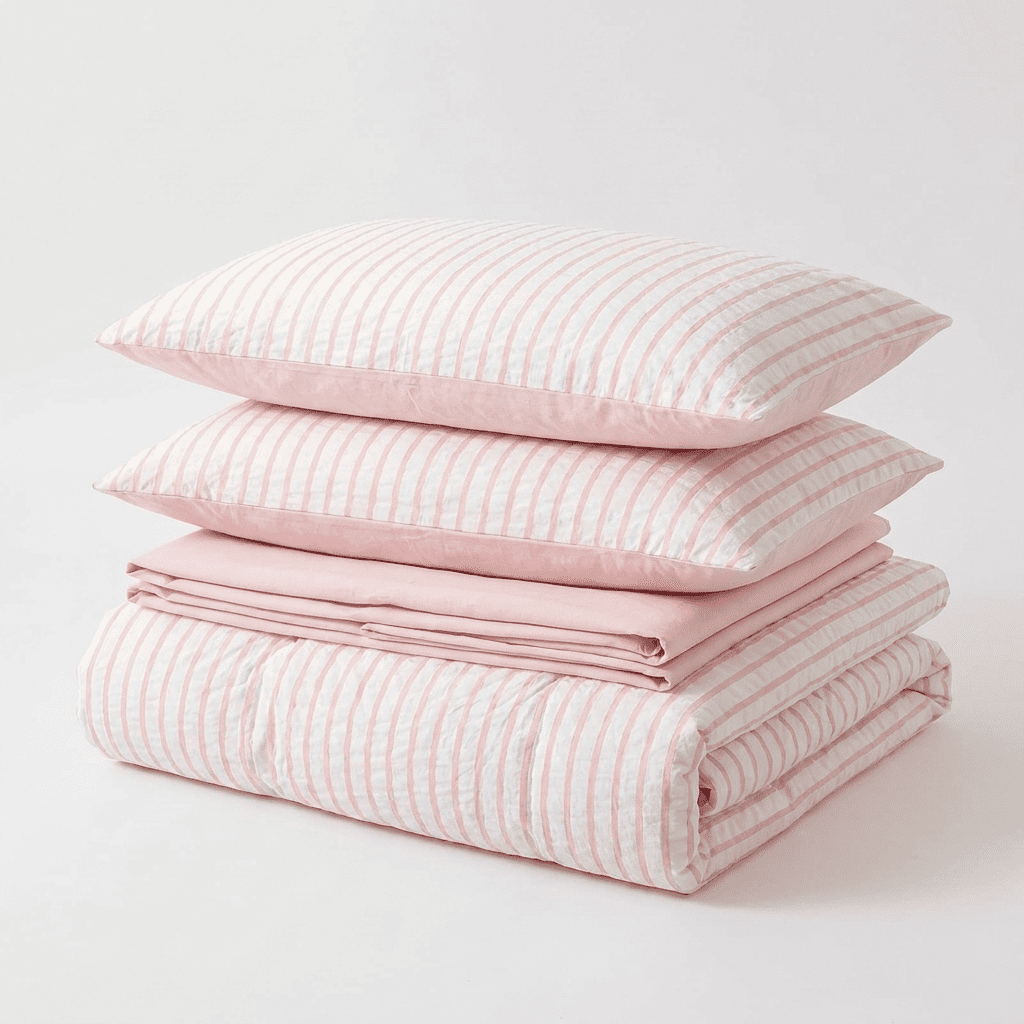 Noir Stripe Set | Washed Cotton Duvet Cover Set, Breathable 4-Piece Soft Stripe Bedding - Pink