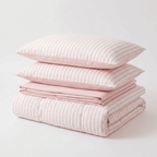 Noir Stripe Set | Washed Cotton Duvet Cover Set, Breathable 4-Piece Soft Stripe Bedding - Pink