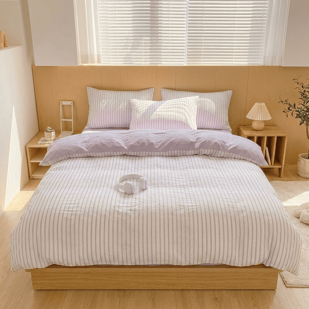 Noir Stripe Set | Washed Cotton Duvet Cover Set, Breathable 4-Piece Soft Stripe Bedding - Purple