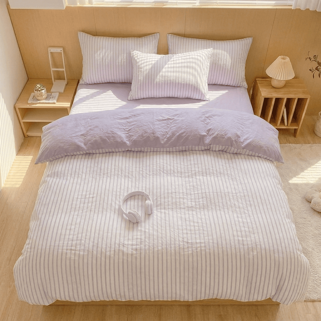 Noir Stripe Set | Washed Cotton Duvet Cover Set, Breathable 4-Piece Soft Stripe Bedding - Purple