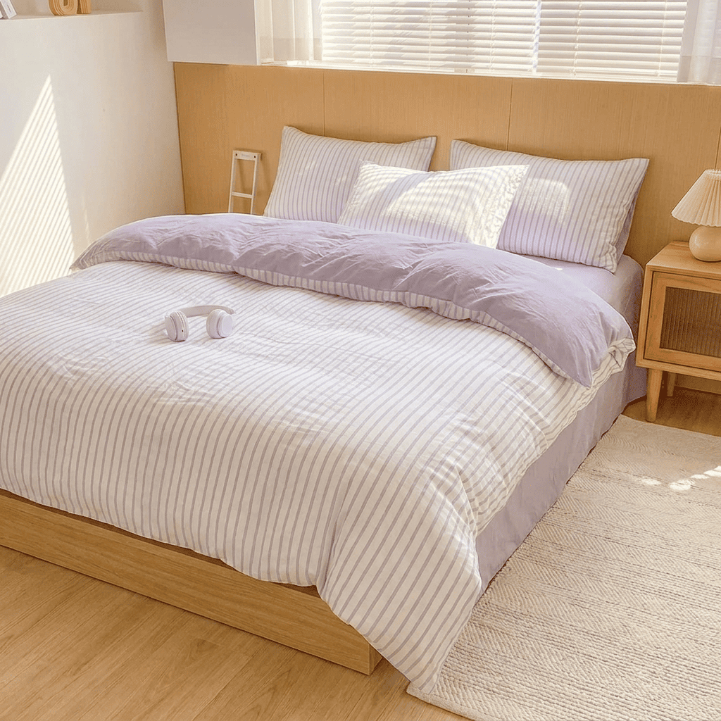 Noir Stripe Set | Washed Cotton Duvet Cover Set, Breathable 4-Piece Soft Stripe Bedding - Purple