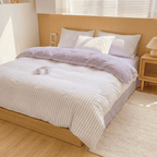 Noir Stripe Set | Washed Cotton Duvet Cover Set, Breathable 4-Piece Soft Stripe Bedding - Purple