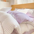 Noir Stripe Set | Washed Cotton Duvet Cover Set - Breathable 4-Piece Soft Stripe Bedding - Purple Color