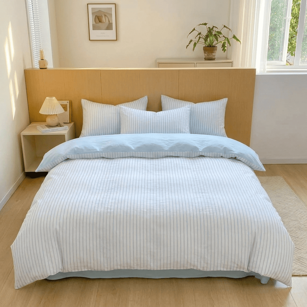 Noir Stripe Set | Washed Cotton Duvet Cover Set, Breathable 4-Piece Soft Stripe Bedding - Sky Blue
