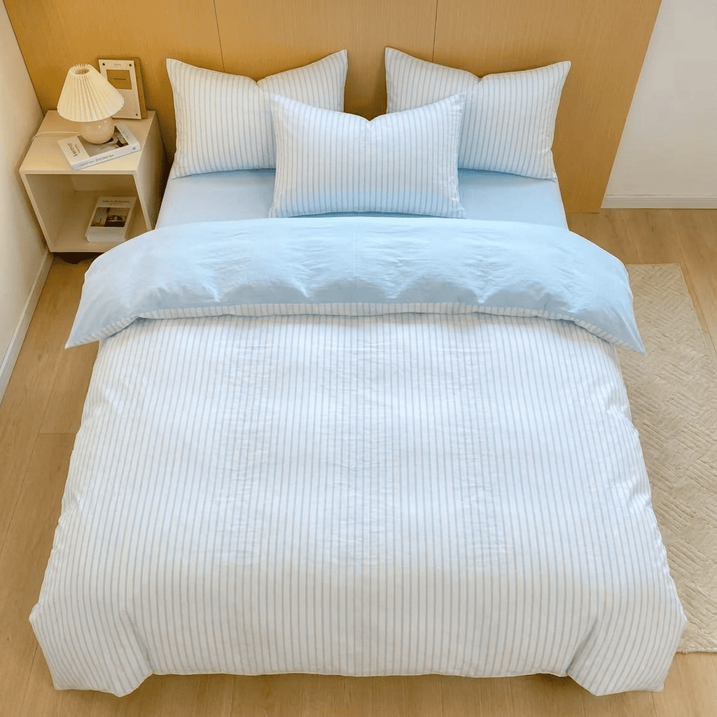 Noir Stripe Set | Washed Cotton Duvet Cover Set, Breathable 4-Piece Soft Stripe Bedding - Sky Blue