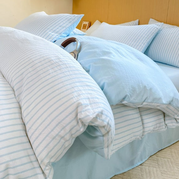 Noir Stripe Set | Washed Cotton Duvet Cover Set - Breathable 4-Piece Soft Stripe Bedding - Sky Blue Color