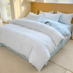 Noir Stripe Set | Washed Cotton Duvet Cover Set, Breathable 4-Piece Soft Stripe Bedding - Sky Blue