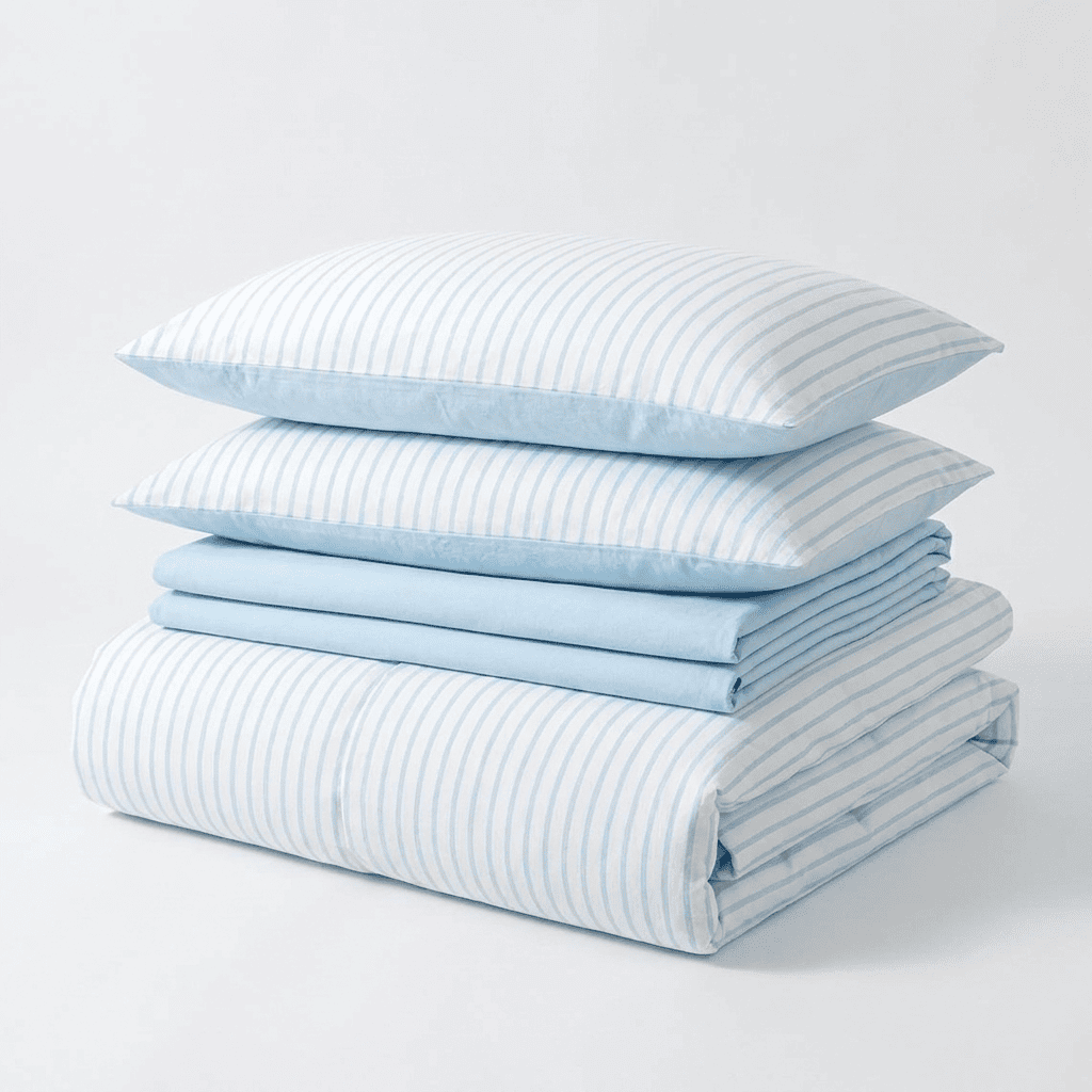 Noir Stripe Set | Washed Cotton Duvet Cover Set, Breathable 4-Piece Soft Stripe Bedding - Sky Blue