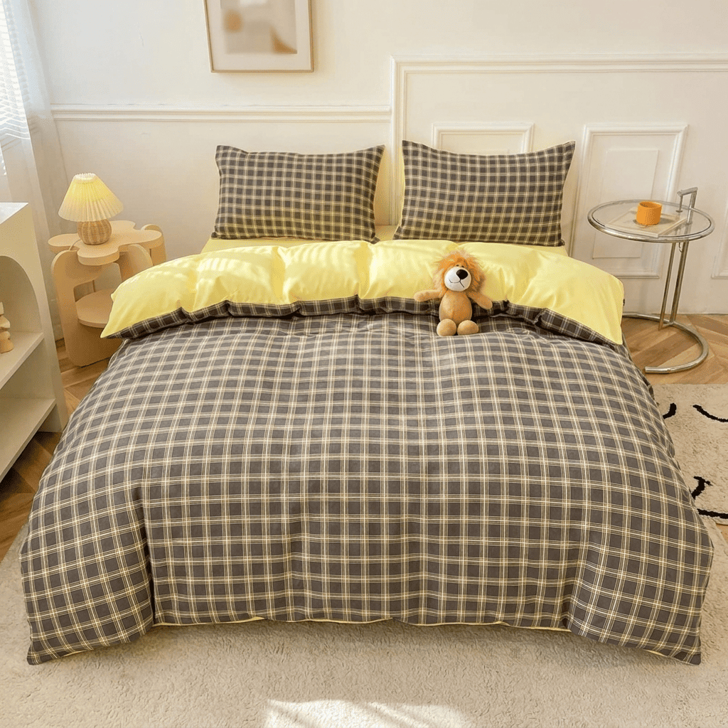 Nori Cotton Set | Japanese Style Washed Cotton Duvet Cover, Button Closure Bedding Set - Dark Gray Yellow Grid