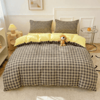 Nori Cotton Set | Japanese Style Washed Cotton Duvet Cover, Button Closure Bedding Set - Dark Gray Yellow Grid