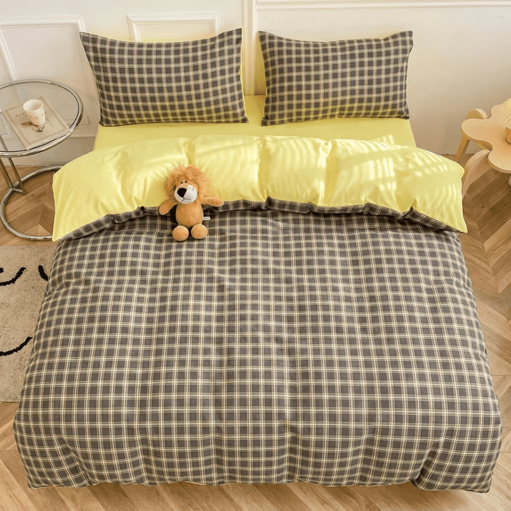 Nori Cotton Set | Japanese Style Washed Cotton Duvet Cover, Button Closure Bedding Set - Dark Gray Yellow Grid