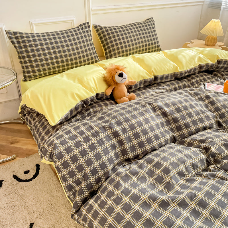 Nori Cotton Set | Japanese Style Washed Cotton Duvet Cover, Button Closure Bedding Set - Dark Gray Yellow Grid
