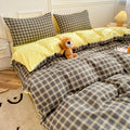 Nori Cotton Set | Japanese Style Washed Cotton Duvet Cover, Button Closure Bedding Set - Dark Gray Yellow Grid