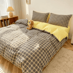 Nori Cotton Set | Japanese Style Washed Cotton Duvet Cover, Button Closure Bedding Set - Dark Gray Yellow Grid