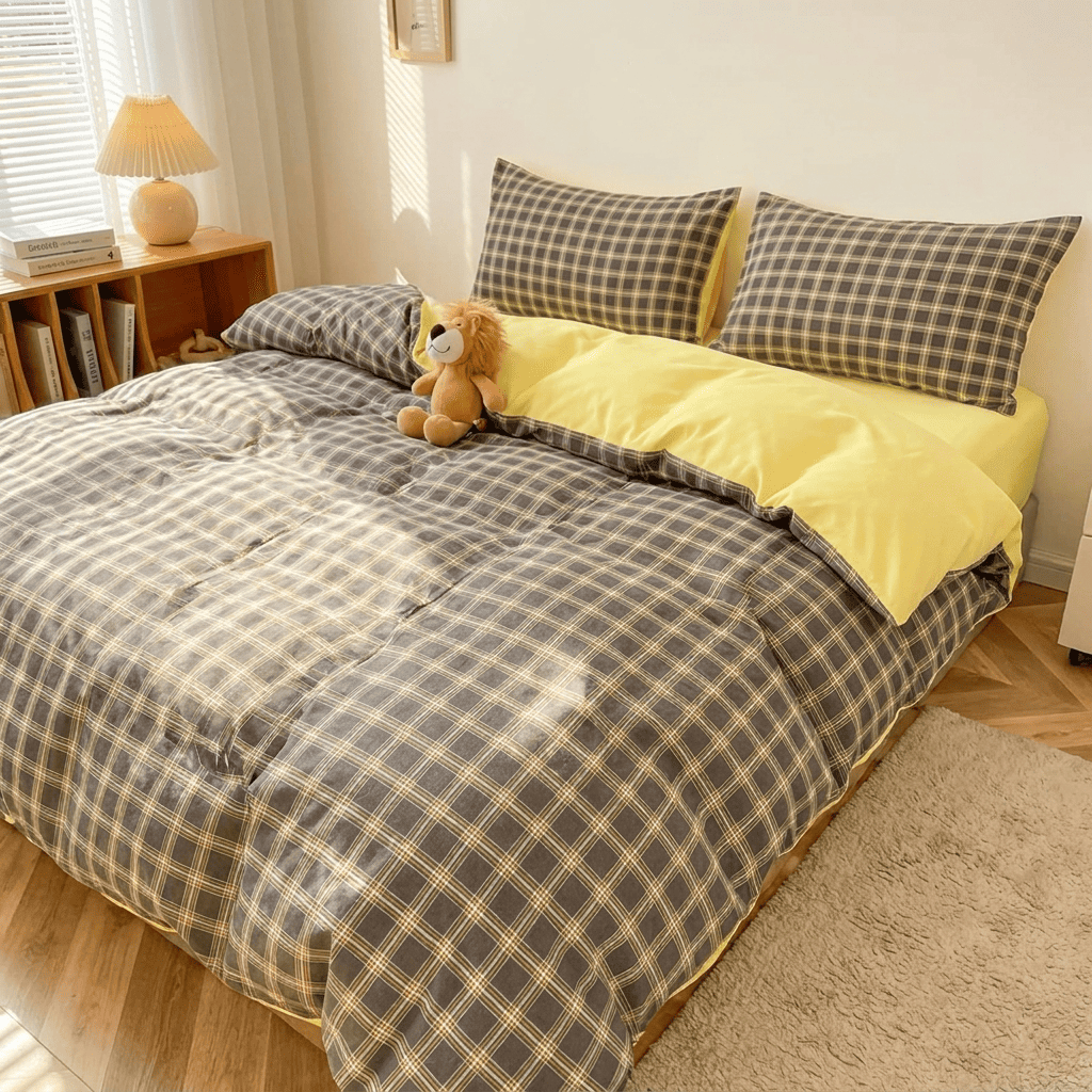 Nori Cotton Set | Japanese Style Washed Cotton Duvet Cover, Button Closure Bedding Set - Dark Gray Yellow Grid