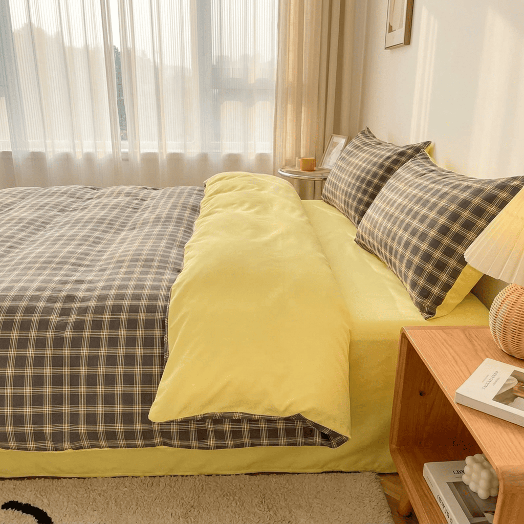 Nori Cotton Set | Japanese Style Washed Cotton Duvet Cover, Button Closure Bedding Set - Dark Gray Yellow Grid