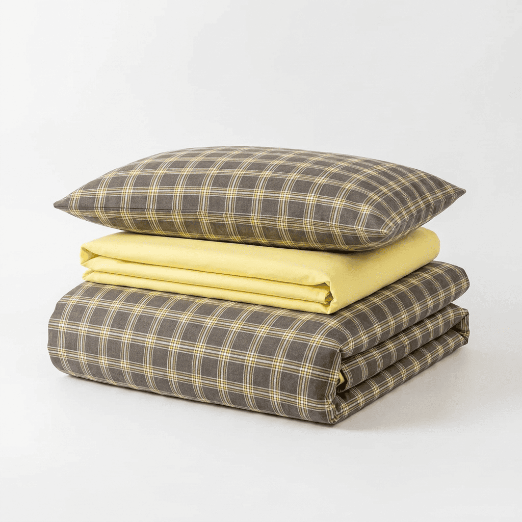 Nori Cotton Set | Japanese Style Washed Cotton Duvet Cover, Button Closure Bedding Set - Dark Gray Yellow Grid