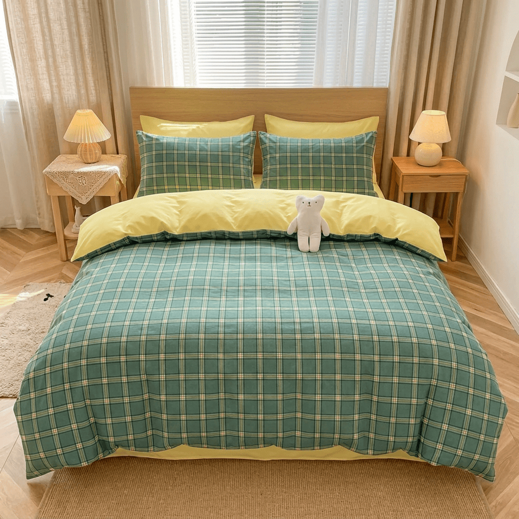 Nori Cotton Set | Japanese Style Washed Cotton Duvet Cover, Button Closure Bedding Set - Dark Green Square