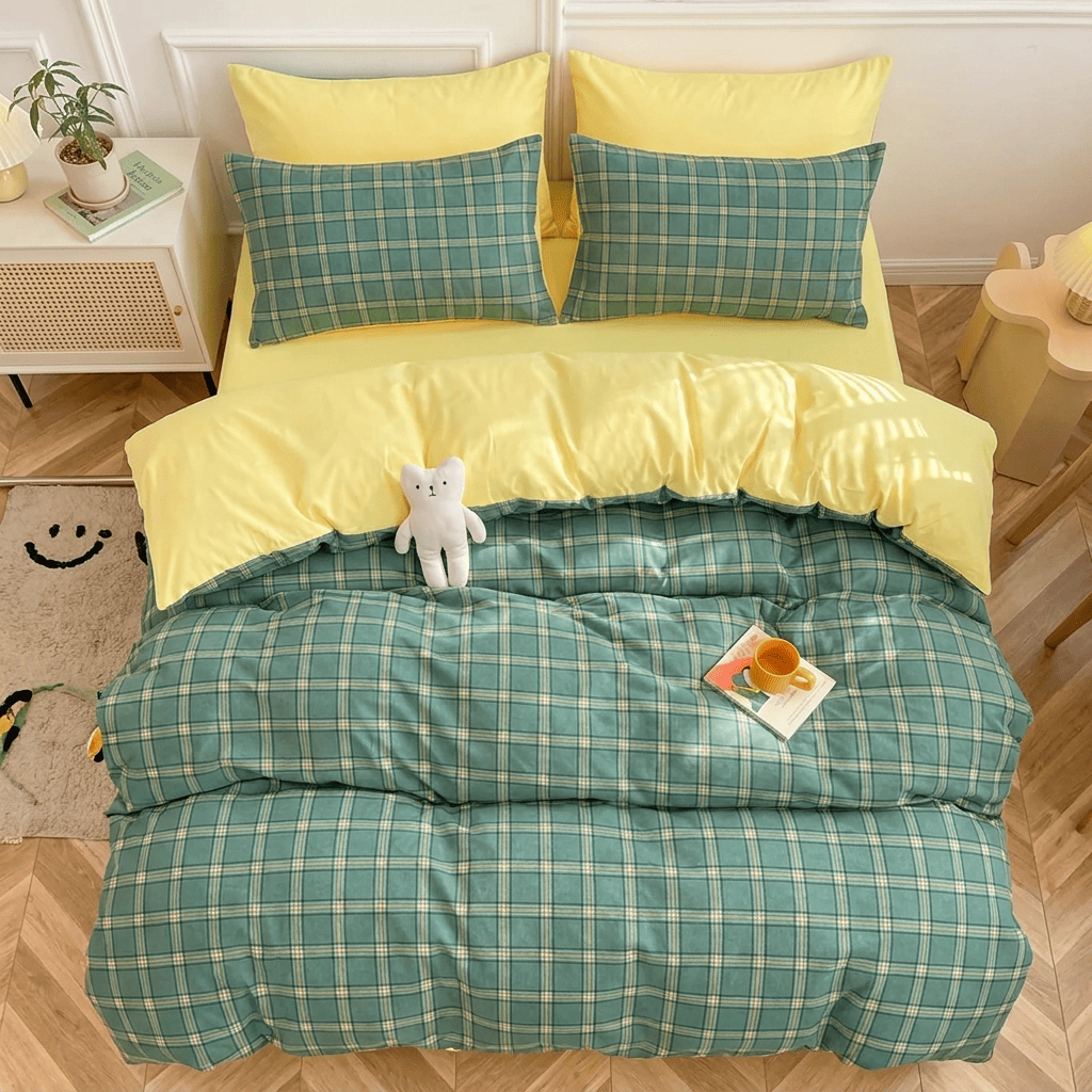Nori Cotton Set | Japanese Style Washed Cotton Duvet Cover, Button Closure Bedding Set - Dark Green Square