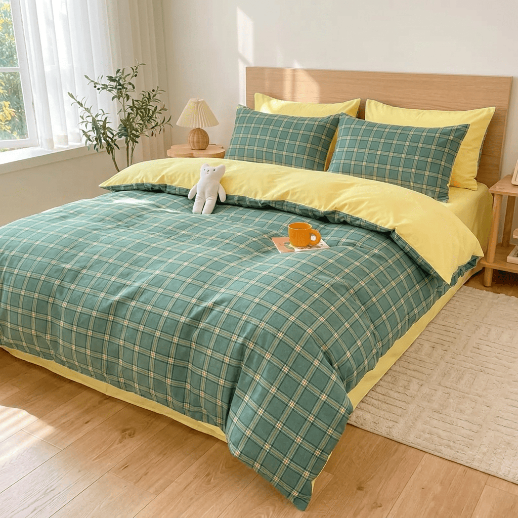 Nori Cotton Set | Japanese Style Washed Cotton Duvet Cover, Button Closure Bedding Set - Dark Green Square