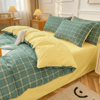 Nori Cotton Set | Japanese Style Washed Cotton Duvet Cover, Button Closure Bedding Set - Dark Green Square
