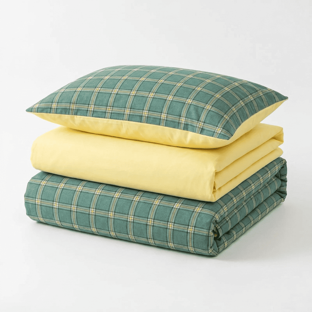 Nori Cotton Set | Japanese Style Washed Cotton Duvet Cover, Button Closure Bedding Set - Dark Green Square