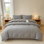 Nori Cotton Set | Japanese Style Washed Cotton Duvet Cover, Button Closure Bedding Set - Hemp Gray and White Stripes