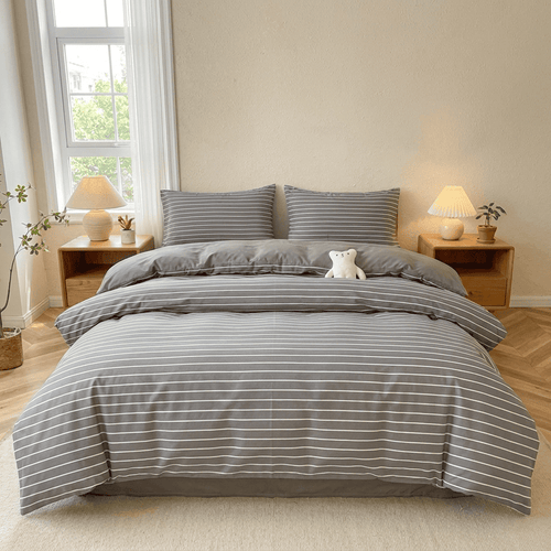 Nori Cotton Set | Japanese Style Washed Cotton Duvet Cover, Button Closure Bedding Set - Hemp Gray and White Stripes