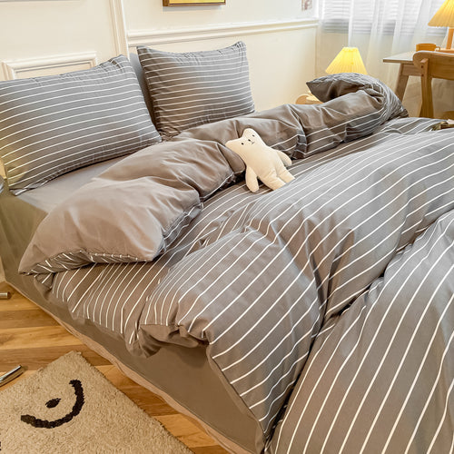 Nori Cotton Set | Japanese Style Washed Cotton Duvet Cover, Button Closure Bedding Set - Hemp Gray and White Stripes