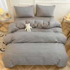 Nori Cotton Set | Japanese Style Washed Cotton Duvet Cover, Button Closure Bedding Set - Hemp Gray and White Stripes