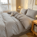 Nori Cotton Set | Japanese Style Washed Cotton Duvet Cover, Button Closure Bedding Set - Hemp Gray and White Stripes