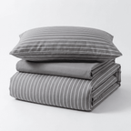 Nori Cotton Set | Japanese Style Washed Cotton Duvet Cover, Button Closure Bedding Set - Hemp Gray and White Stripes