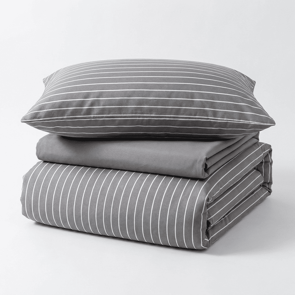Nori Cotton Set | Japanese Style Washed Cotton Duvet Cover, Button Closure Bedding Set - Hemp Gray and White Stripes