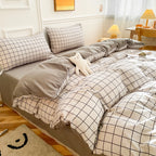 Nori Cotton Set | Japanese Style Washed Cotton Duvet Cover, Button Closure Bedding Set - Light Gray and White Grid