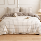 Nori Cotton Set | Japanese Style Washed Cotton Duvet Cover, Button Closure Bedding Set - Light Gray and White Grid