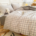 Nori Cotton Set | Japanese Style Washed Cotton Duvet Cover, Button Closure Bedding Set - Light Gray and White Grid