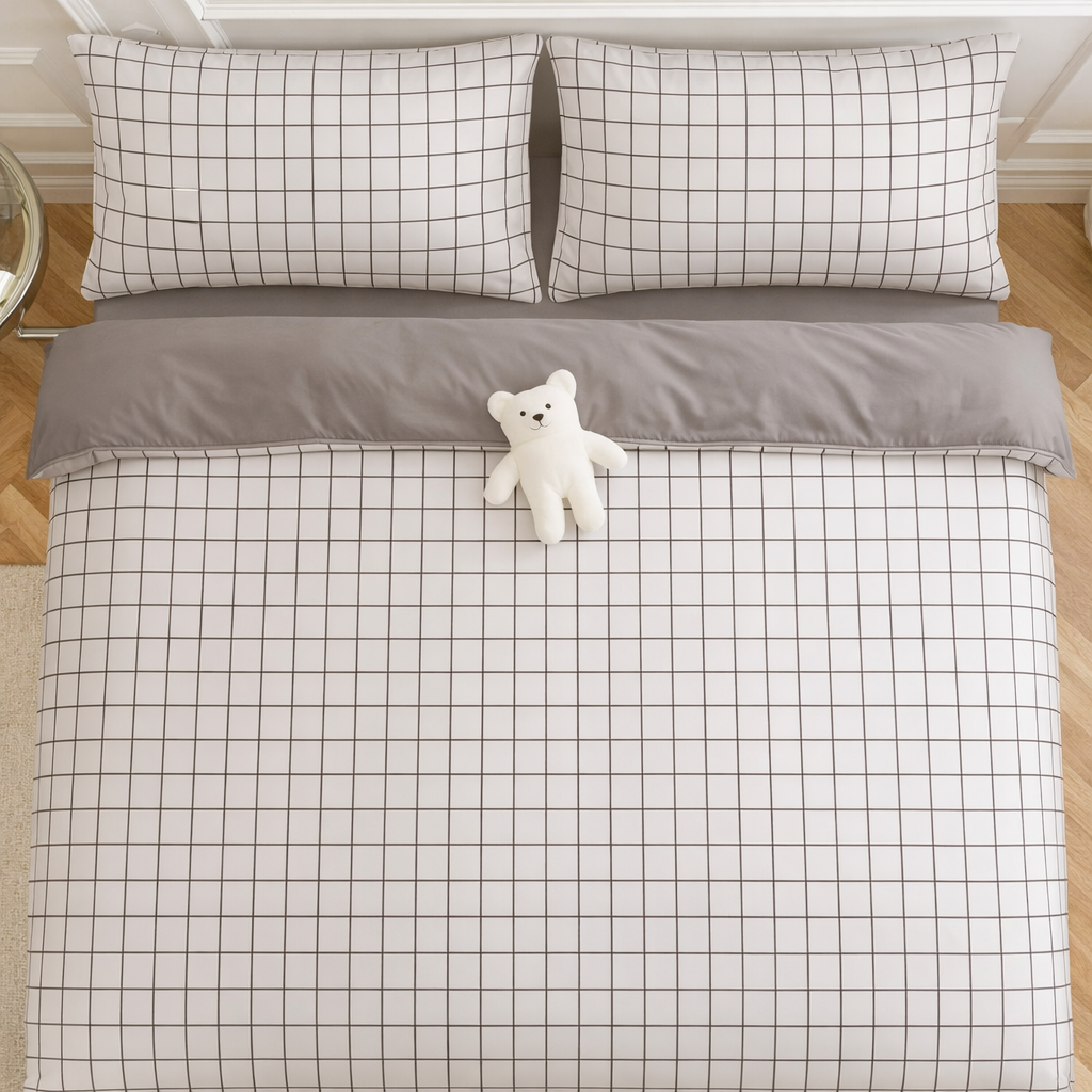 Nori Cotton Set | Japanese Style Washed Cotton Duvet Cover, Button Closure Bedding Set - Light Gray and White Grid