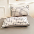 Nori Cotton Set | Japanese Style Washed Cotton Duvet Cover, Button Closure Bedding Set - Light Gray and White Grid