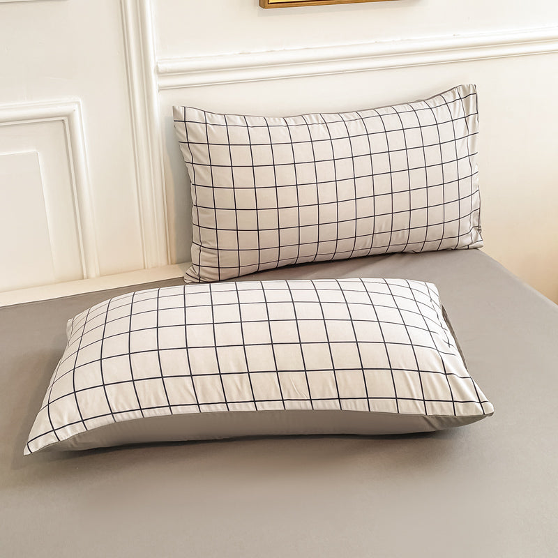 Nori Cotton Set | Japanese Style Washed Cotton Duvet Cover, Button Closure Bedding Set - Light Gray and White Grid